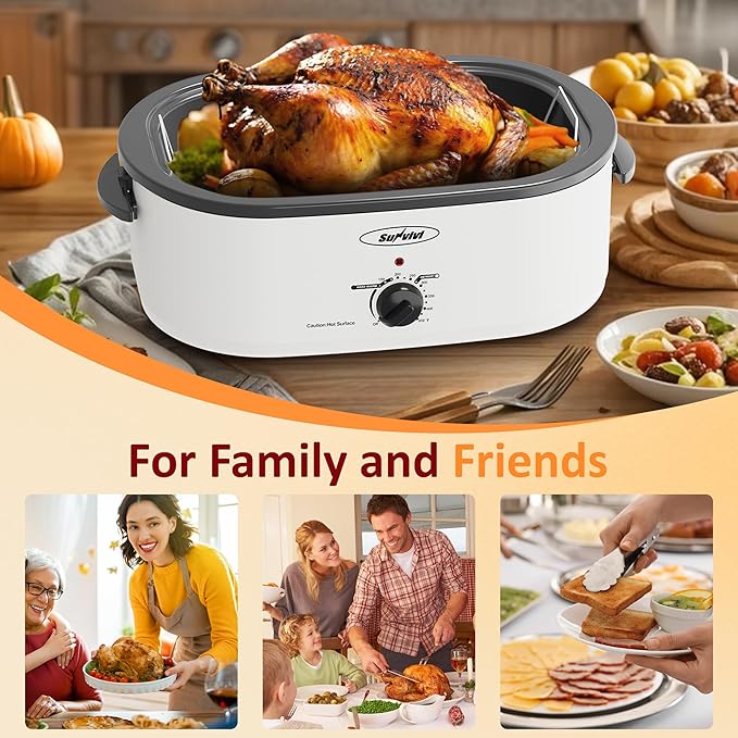 Sunvivi Electric Roaster,20 Quart Roasting Oven with Self-Basting Lid Removable Pan,Turkey Roaster Oven with 150 to 450F Temperature Control Cool-Touch Handles,White