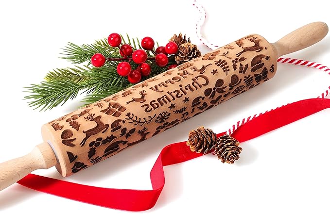 17" Premium Wooden Rolling Pins for Baking with Reindeer Embossed Designs | 3mm Deep Springerle Cookie Molds | Christmas Rolling Pin & Baking Gifts for Women | Includes 3-in-1 Cleaning Brush