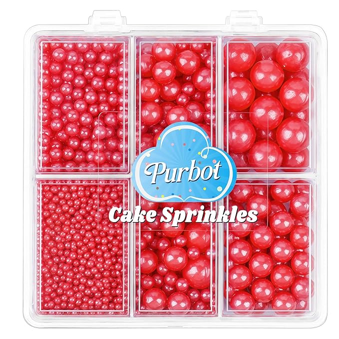 Red Pearl Sprinkle for Cake Decorating, 4 Sizes Sugar 130g/4.6oz, Cupcake, Ice Cream, Donuts, Macaron Toppings Supplies (2mm, 4mm, 7mm, 1cm)