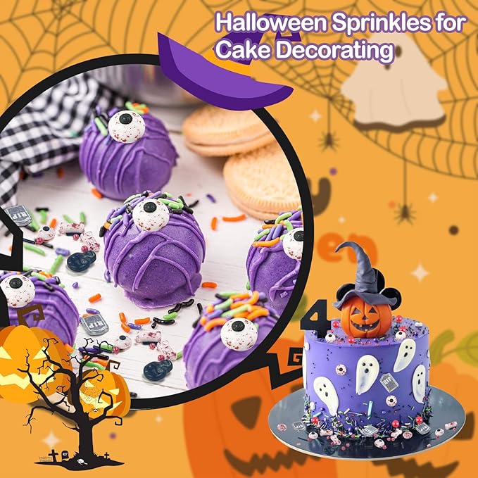LEBERY Candy Eyeballs Edible Eyes Halloween Sprinkle Skull Dog Bones Sprinkles Candy Eyes Black Red Sprinkle Edible Eyeballs Skull Cake Decorations for Halloween Cake Cupcakes Cookie - 3.35 OZ