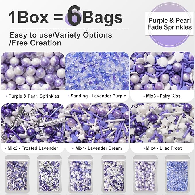 Huebeaty 6-in-1 Purple Sprinkles for Cake & Cupcake Decorating – 180g Edible Sanding Sugar & Pearl Sprinkles Mix for Birthday, Wedding, Unicorn & Mermaid Themes (Purple and Silver)
