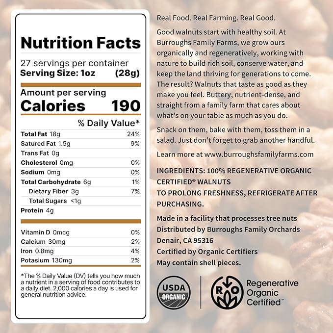 Organic Raw Walnuts Halves & Pieces 1.7lb – Unpasteurized, Regeneratively Grown in California – Whole, Fresh, Unsalted – Plant-Based Omega-3s