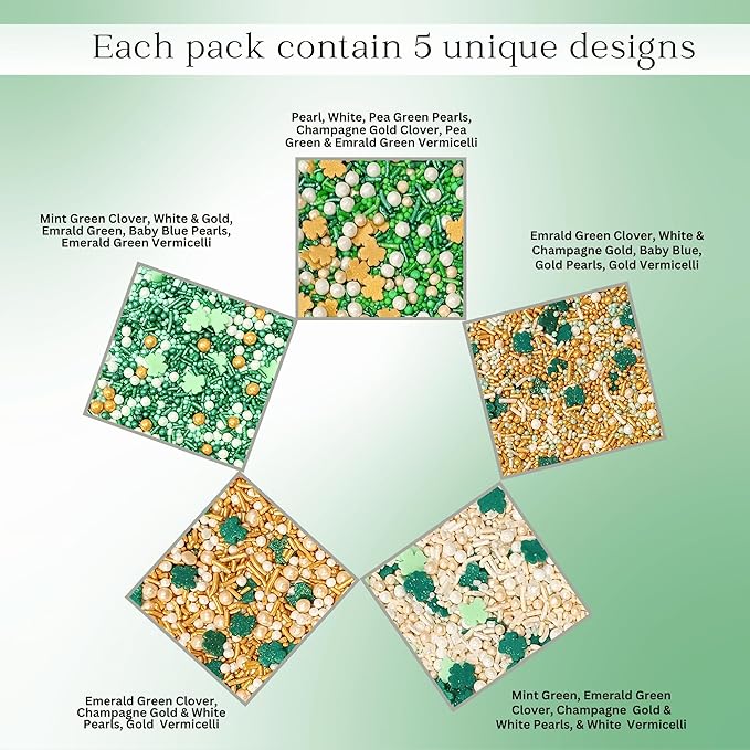 Confect Edible Sprinkles Mix Pack of 5 (5 oz) – Green, Gold & White Sprinkles for Baking – Cake, Cupcake & Cookie Decorations for St. Patrick’s Day, Birthdays & Celebrations | Vegan, Gluten-Free, Nut-Free, Soy-Free, Dairy-Free, Palm Oil-Free - 5 Oz