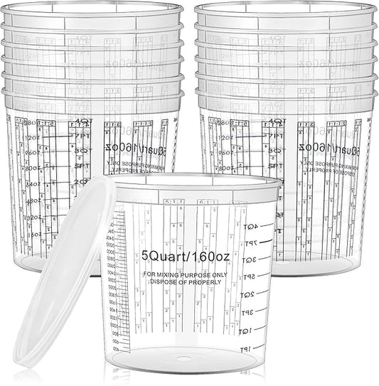 Mifoci 60 Pcs 160 oz Graduated Paint Mixing Cups 5 Quart Disposable Clear Paint Mixing Bucket Plastic Epoxy Measuring Cups with Ratios on Side of Cup for Resin, Epoxy, Art