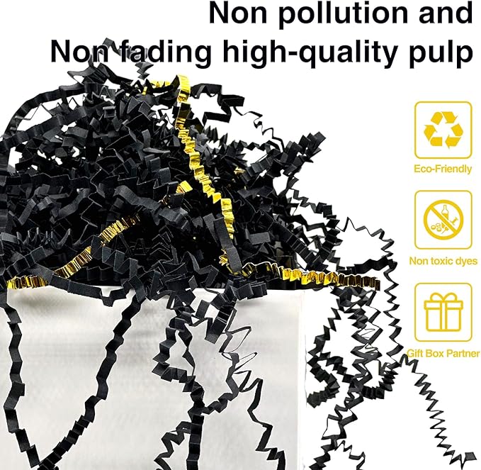 2LB Crinkle Cut Paper Shred Filler for Bag Gift Box Basket Confetti Paper Shreded Stuffing Decoration for Valentine's Day Holiday Party (Gold & Black)