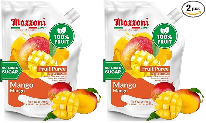 Mazzoni Mango Puree, Juice, 100% Pure Mango Lassi, Just Fruit, Nectar, No Sugar Added, 2.2 lbs (35.2 oz) Real Fruit Mixer for Cocktails, Drinks, Smoothies Convenient Pouch, Made in Italy (Pack of 2)
