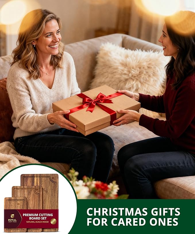 ROYAL CRAFT WOOD Acacia Wood Cutting Boards Set of 3 – Premium Wooden Cutting Boards for Kitchen Meal Prep & Serving - Charcuterie & Chopping Butcher Block for Meat with Deep Juice Groove Side Handles