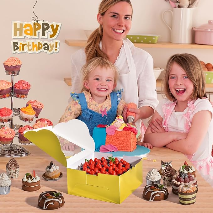 32Pcs 10 Inch Cake Boxes with Cake Boards (16Pcs Gold Cake Boxes, 16Pcs Cake Boards), 10x10x5 Inch Bakery Boxes with Window, Cake Carrier Container for Birthday Party, Wedding