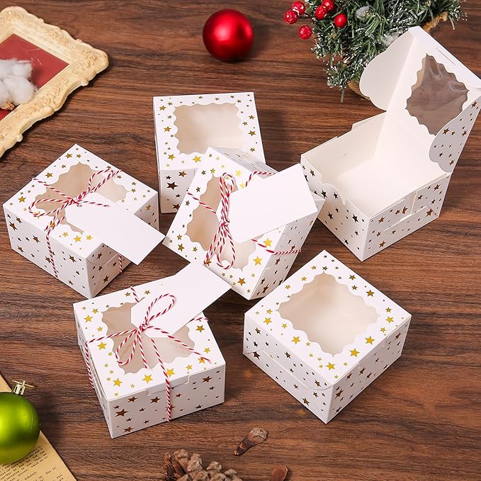 BEVOING 36 Pcs 6x6x3 Inches Christmas Cookie Boxes, White Bakery Boxes with Window Gold Foil Star 6 Inch Mini Cake boxes Small Treat Boxes for Cookies Pastry Dessert Cupcakes Candy Donut Packaging
