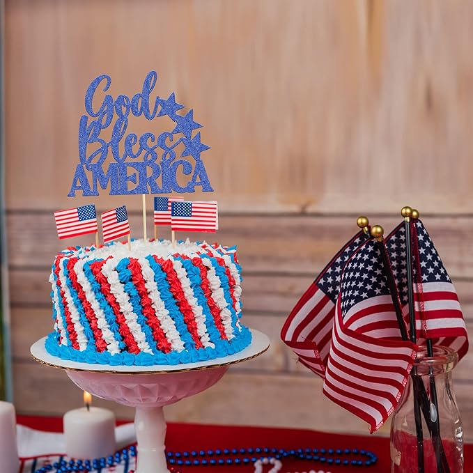 1Pc God Bless America Cake Topper Blue Glitter Independence Day Cake Decorations for USA Patriotic Happy 4th of July American National Day Party Supplies