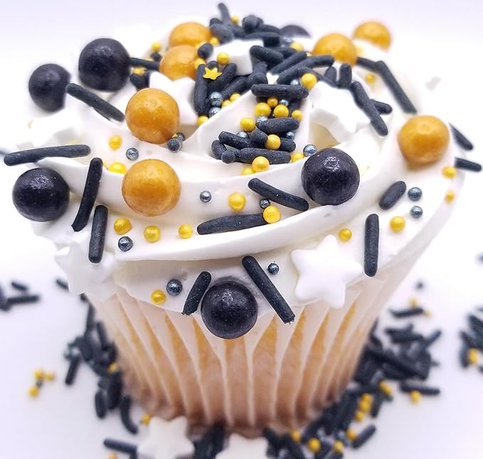 NCS Graduation Black, Gold, and White Edible Candy Sprinkle Mix, 8 ounces - Great for Cupcakes, Cookies, Cakes, Cake Pops