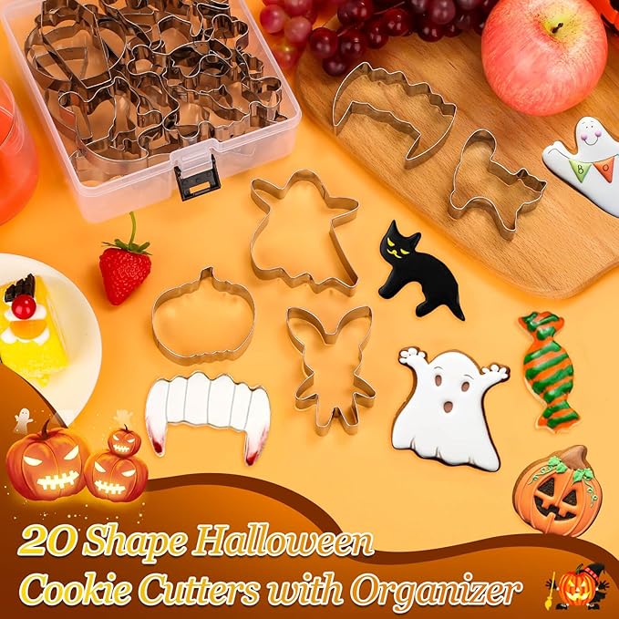 Lezmarket 20Pcs Halloween Cookie Cutters, Stainless Steel Baking Supplies for Halloween Cookie Sandwich Party Decorations- Ghost Pumpkin Cat Bat Coffin Witch Hat Skull Candy Broom Spider Owl Tooth