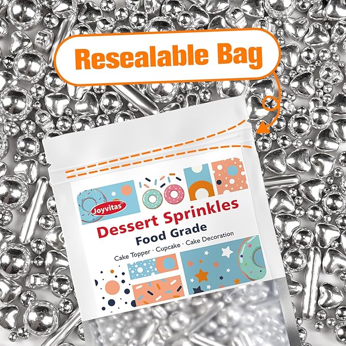 Silver Pearl Rods Heart Christmas Sprinkles, Baking Sugar, Silver Sprinkles for Cake, Mix Size, Cupcake Decoration, Holiday, Wedding Party Supplies, Foodgrade Decorating