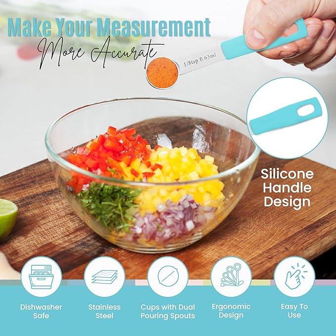 Nextop 14-Piece Stainless Steel Measuring Cups and Measuring Spoons Set with All Stackable Sizes and Leveler for Dry Ingredients, Complete Set for Kitchen & Baking Measuring Tools (Aqua Sky Blue Set)