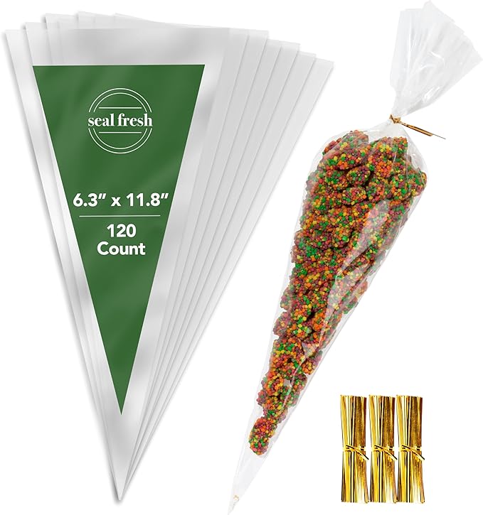 Seal Fresh Cone Cellophane Bags with Twist Ties – 6.5 x 12 Inch (120 Pack) — Clear Cone-Shaped Treat Bags for Candy, Snacks, Popcorn, Party Favors, Gifts