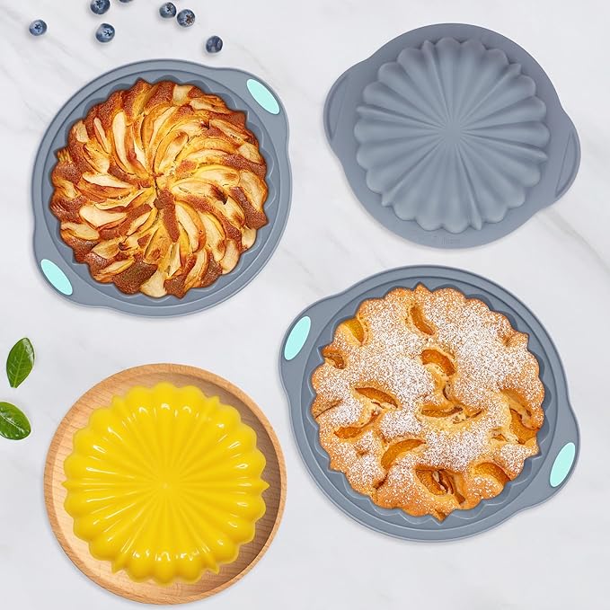 3-Piece Silicone Round Cake Pan Set, Metal-Frame Non-Stick Baking Trays, Jelly Molds, Non-Stick Grooved Cake Molds, Suitable for Breads, Meat Patties, Cakes, 5/7/9 Cups, Light Gray