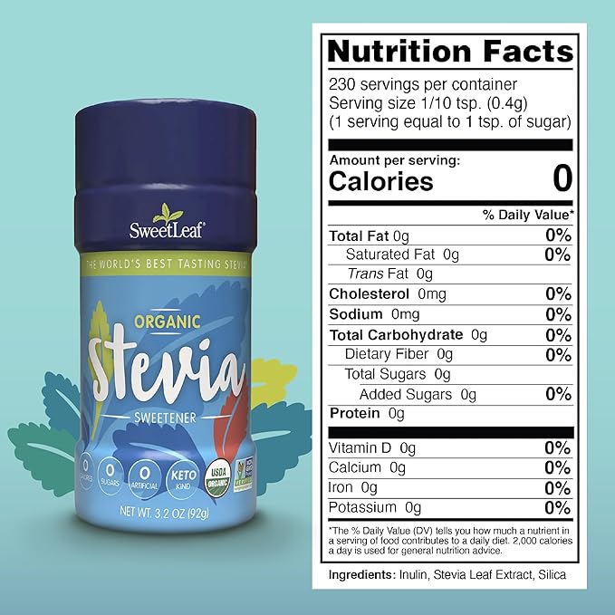 SweetLeaf Organic Stevia Powder Shaker Jar - Zero Calorie Stevia Sweetener, No Bitter Aftertaste, Plant-Based Sugar Substitute, Non-GMO Sweet Leaf Stevia, 3.2 Oz Ea (Pack of 2)