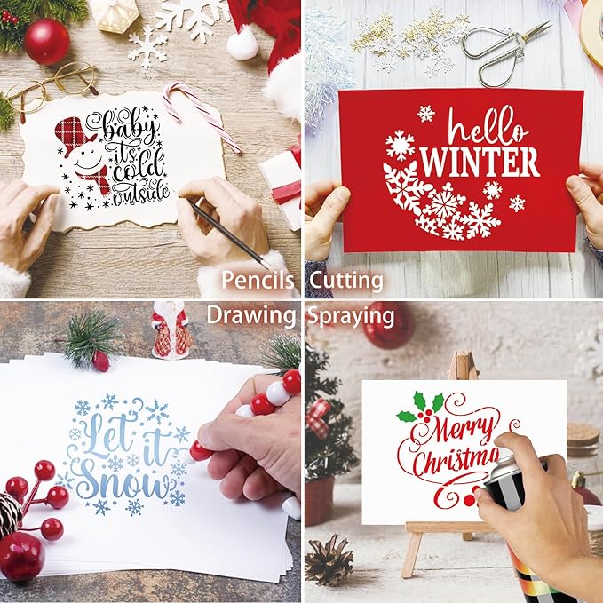 Christmas Stencils for Painting on Wood Reusable Snowflake Large Merry Christmas Pine Tree Nativity Holiday Stencil Snow Templates for Wood Sign Window Floor Crafts Doormats(Christmas Words)