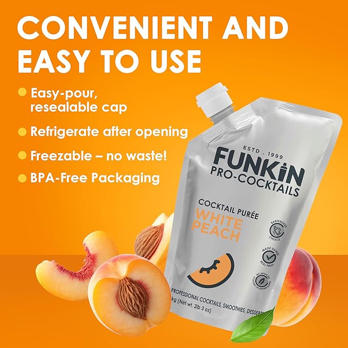 Funkin Fruit Puree | Real Fruit, Simple Ingredient, Natural Mixer for Cocktails, Drinks, Smoothies | Vegan, Non-GMO, Gluten-Free (2.2 lbs) (White Peach)
