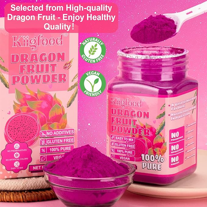 Dragon Fruit Powder - Kiigfood 5.3 oz/150g Natural Fruit Powder, Freeze-Dried Pink Pitaya Powder for Dragon Fruit Syrup, Drink, Christmas Baking, Smoothies, Cocktail, Food Coloring - Vegan, Non-GMO, Gluten-Free