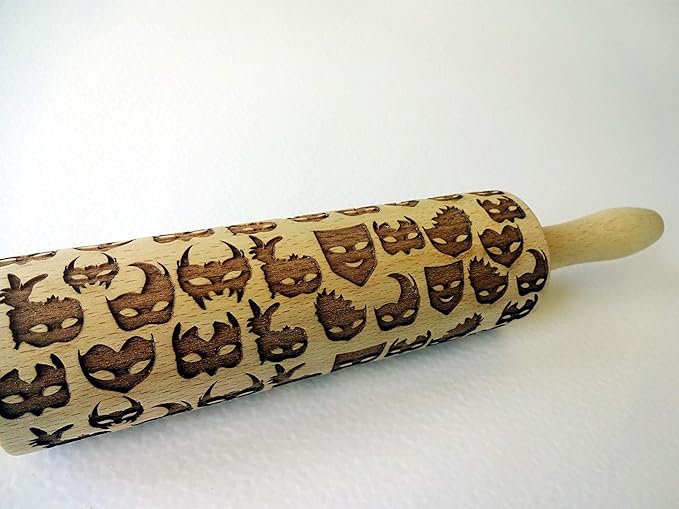Embossing Rolling Pin CARNIVAL MASKS. Laser Engraved Rolling pin with MASKS Carnival - Gift for friend by Algis Crafts