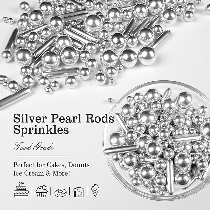 Christmas Silver Pearl Rods Sprinkles, Edible Sugar Candy Mix Size, 150g/5.29oz, Baking Cake Decoration, Food Grade, Cake Toppers, Easter, Celebration, Wedding Party Supplies
