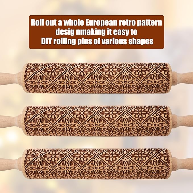 17" Premium Wooden Rolling Pins for Baking with European Embossed Designs | 3mm Deep Springerle Cookie Molds | Christmas Rolling Pin & Baking Gifts for Women | Includes 3-in-1 Cleaning Brush