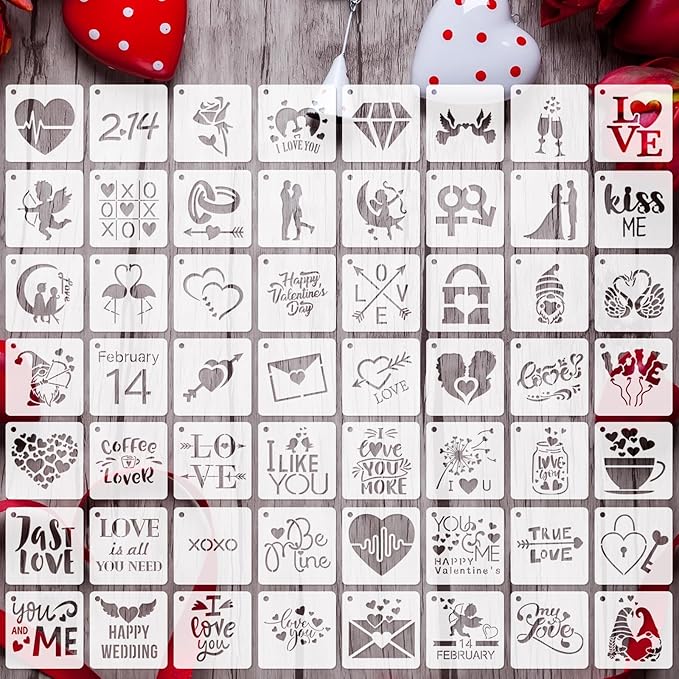 Augshy Valentine's Day Stencils, 56 Pack Reusable Plastic Template Stencils Valentine Drawing Painting Templates for Painting on Wall Floor Decor DIY Rock Painting Art Projects (3 inch)