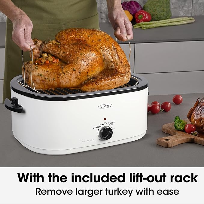 Sunvivi 26 Quart Electric Roaster with Removable Pan, 30 LB Electric Turkey Roaster Oven with Visible & Self-Basting Lid,Large Roaster with Turkey Holder and Cool-Touch Handles,White Body