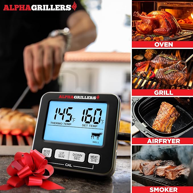Alpha Grillers Turkey Thermometer Oven Safe Leave in - Digital Meat Thermometer Probe - Large Display with 7 Preset Temp Alerts, Timer & Alarm