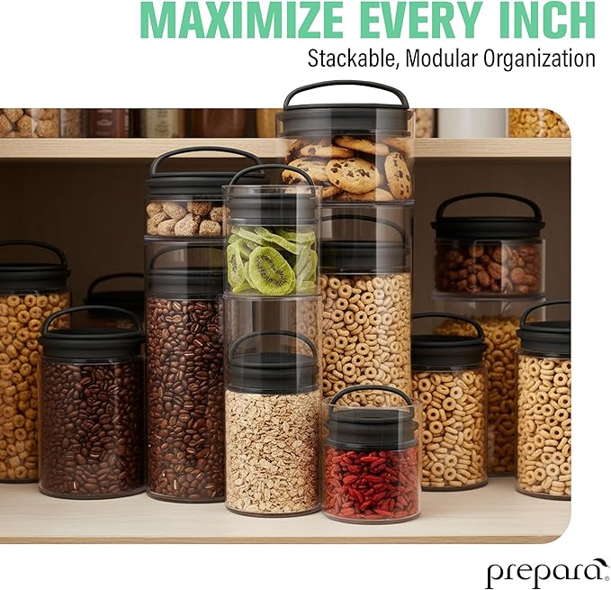 Prepara Evak Fresh Saver Short Airtight Containers, Medium - Black Handle with Patented Twin-Valve System, BPA Free Stackable Storage Canisters for Pantry Organization - Dishwasher Safe (2-Pack)