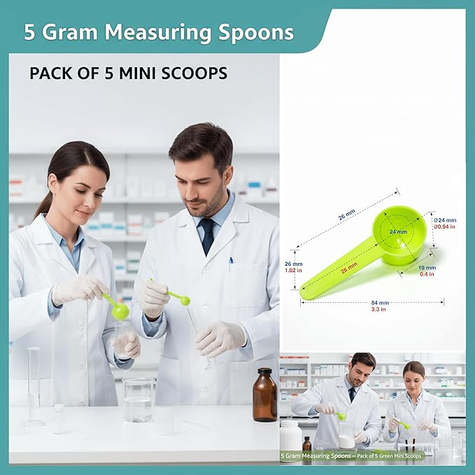 5g Plastic Measuring Spoons (10ml) – Pack of 5 Small Scoops for Protein Poweder, Creatine, Coffee, Lab, Baking, Laundry, Canisters, Dry Goods – 1 Teaspoon Measuring Spoons (tsp), Green