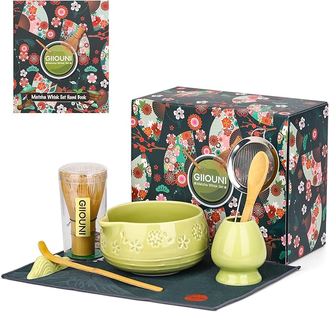 Matcha Whisk Tea Set: Ceramic Bowl with Spout, Bamboo Matcha Whisk & Spoon, Chasen Holder, Scoop Rest, Sifter, 8-Pcs Japanese Matcha Powder Kit–Gift for Ceremony & Matcha Lovers-Matcha Green