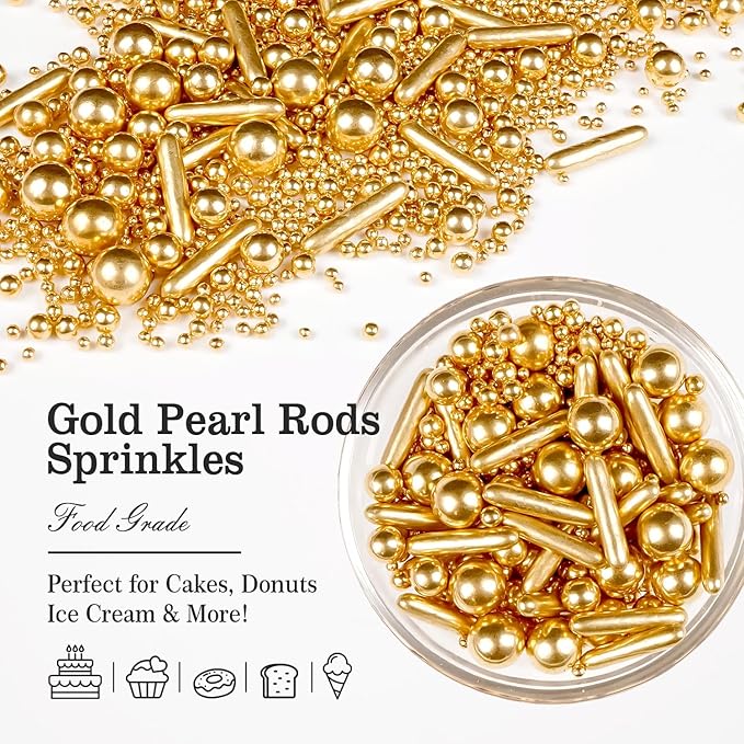 Gold Pearl Rods Sprinkles for Christmas Decorating, Edible Sugar Pearls Rods Candy, 150g/5.29oz, Mix Size Cake Topper Donuts Cupcake Cookie Dessert Decorations, Holiday, Wedding Party, Easter Supplies