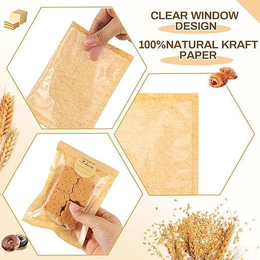 Outus 200 Pcs Cookie Packaging Bags with Seal, 4 x 6 Inch Bakery Pastry Bags with Window, Heat Sealable Grease Resistant Paper to Go Bake Sleeves for Gift Giving Donut Bread Sandwich (Brown)