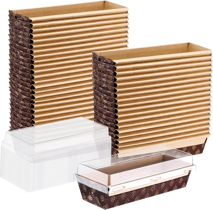 Sabary 50 Pcs Paper Baking Loaf Pan with Lids Disposable Paper Pans Mold for Birthday Graduation Wedding Halloween Thanksgiving Christmas Cake Bread Bakery Holiday Gifts(7.87 x 2.55 x 1.94 Inches)
