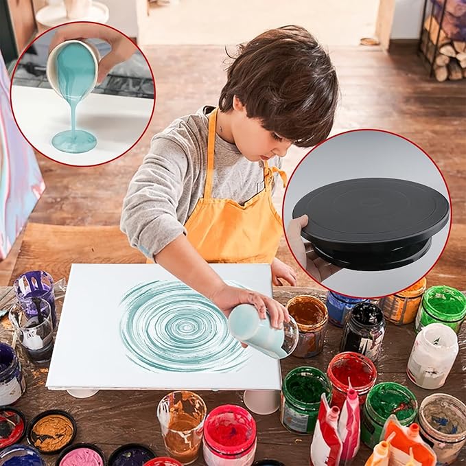 11”Rotate Turntable Sculpting Wheel with Pour Painting Supplies Acrylic Pouring Strainers for DIY Art Pouring Acrylic Paint Kit