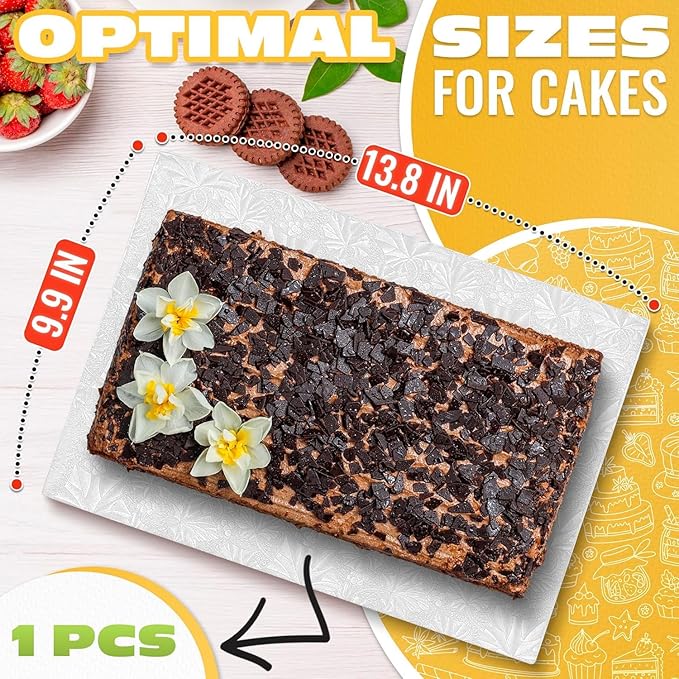 Cake Board Rectangle 13.8" x 9.9" – Grease-Proof Foil, Sturdy Rectangle Cake Boards with Double-Wall Corrugated Design, Smooth Wrapped Edges – Elegant White Display for Cakes, Pastries, and Desserts
