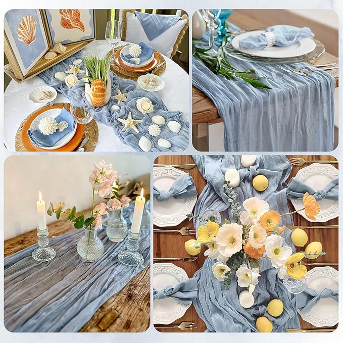12 Pack Dusty Blue Cheesecloth Table Runner 17x108 Inch Semi Sheer Boho Gauze Cheese Cloth Fabric Table Runners, for Wedding Party Baby Shower Birthday Home Decor Garden Farmhouse