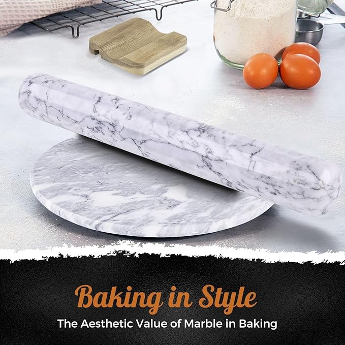 Flexzion French Rolling Pin, 12 Inch White Marble Rolling Pins for Baking with Wooden Base Holder Stand - Non-Stick Baking Roller for Baking Fondant, Crust, Pastry, Cookies, Pizza, Pasta