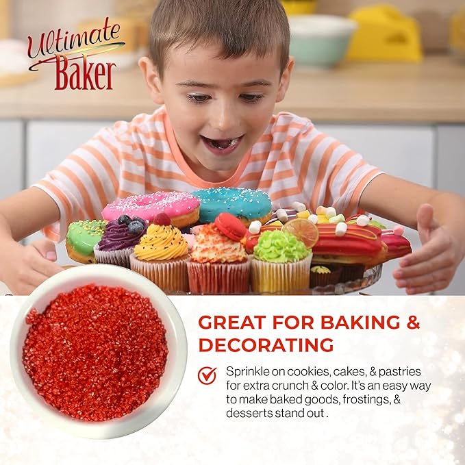 Ultimate Baker - Sanding Sugar, Red - Vibrant, Naturally Colored Baking & Decorating Sugar, Perfect for Sprinkling on Cakes, Desserts & Confections, Medium Crystal - 8oz