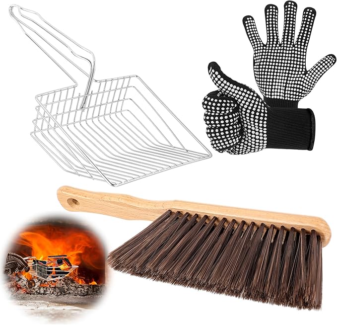 3 Pcs Fireplace Ash Sifter Oven Shovel Hollow Out Ember Recovery Tool Shovel Heat Resistant Silicone Glove Brush Scoop Charcoal(Classic,Stainless Steel)