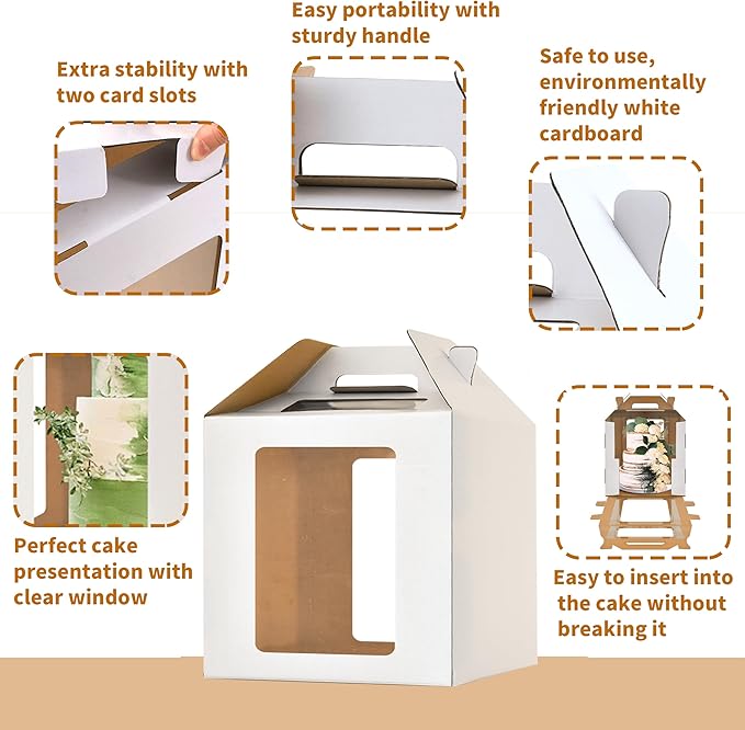 14x14x14 Inch Tall Cake Boxes with windows, 14in Large Tiered Cake Boxes, 5pack 12in Layer Tall Baking Carrier,Disposable Cake Containers