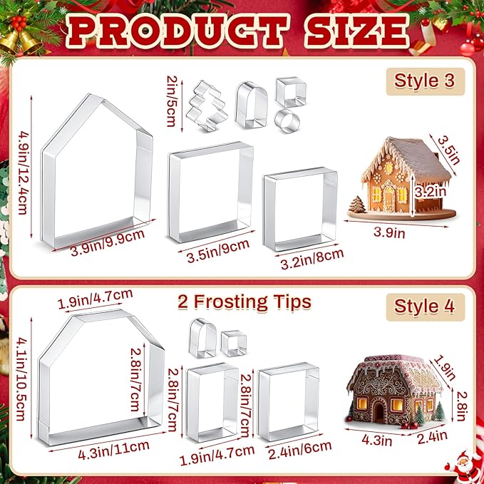 4 Set Gingerbread House Cookie Cutters with Piping Bags Tips Set Christmas Cookie Cutters 3D Gingerbread House Kit for DIY Christmas Holiday Biscuit Cake Dough Fondant Baking Dough Tool Gift