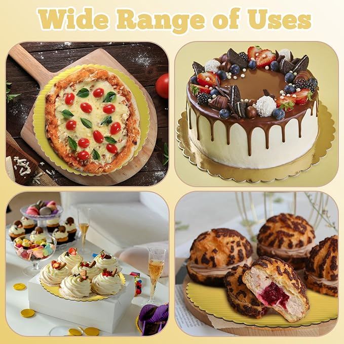 50 Pack 10 Inch Cake Board Gold Cake Cardboard Rounds Disposable Cake Base Scallop Edge Grease Proof Cardboard Circles for Wedding Birthday Cake DIY