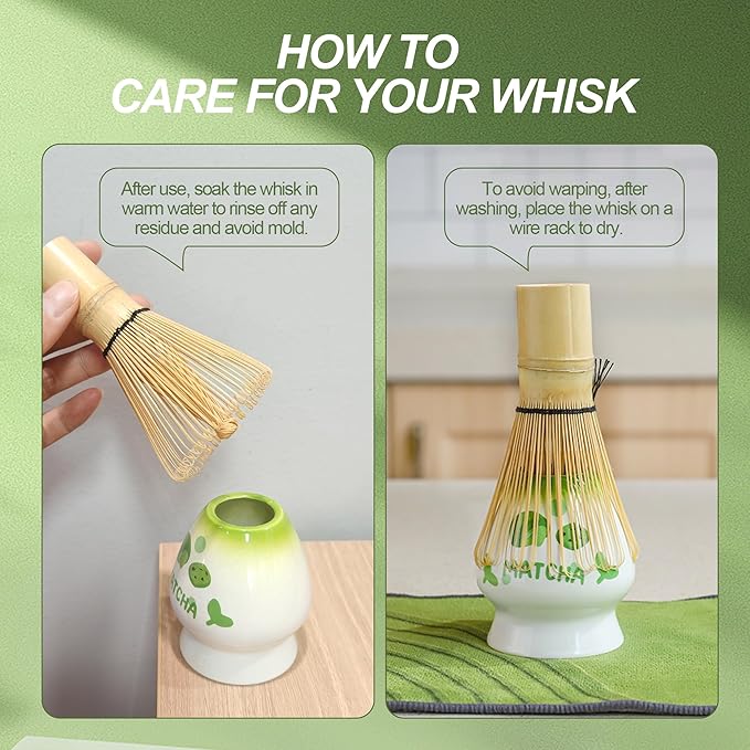 Matcha Whisk Set 7 Pcs Ceramic Matcha Set Includes Matcha Bowl, Matcha Whisk and Holder, Bamboo Scoop, Scoop Rest, Sifter and Tea Towel - Matcha Kit for Matcha Lovers