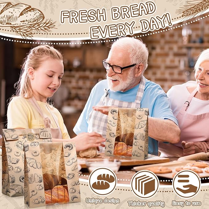 100 Packs Paper Bread Bags for Homemade Bread Sourdough 13.8 x 8.3 x 3.5 Inches Kraft Paper Bakery Bag with Window Label Seal Sticker for Baked Food Packaging Storage(Brown)