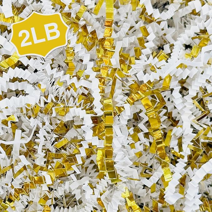 2LB Crinkle Paper Shred Filler for Bag Gift Box Basket Paper Shreded Stuffing Decoration in Party (White & Gold)