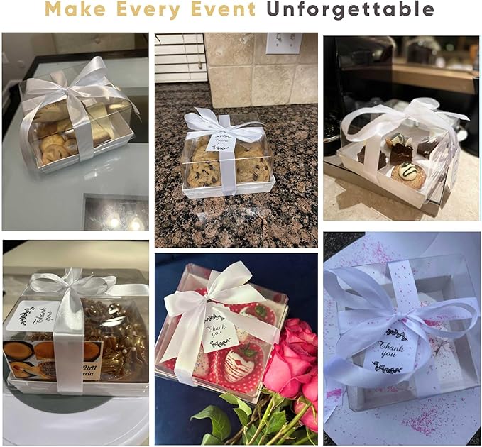 20 Pack 7x7x4 Cake Boxes with Clear Lids for 4-6 Inch Cakes, Treats or Desserts – Paper Bento Cake Boxes, Disposable Bundt Containers – Bakery Take Out Containers – To Go Square Packaging, White