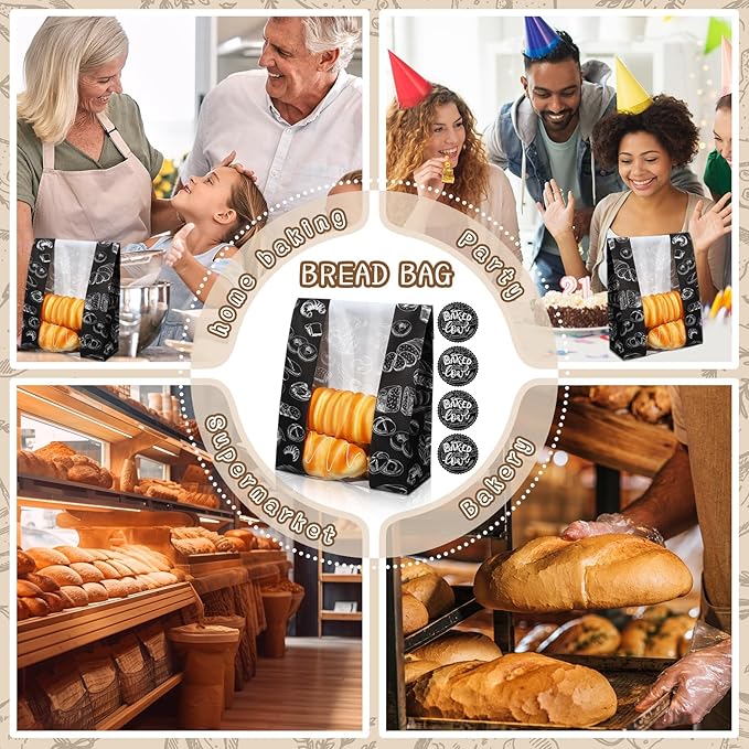100 Packs Paper Bread Bags for Homemade Bread Sourdough 13.8 x 8.3 x 3.5 Inches Kraft Paper Bakery Bag with Window Label Seal Sticker for Baked Food Packaging Storage(Black)